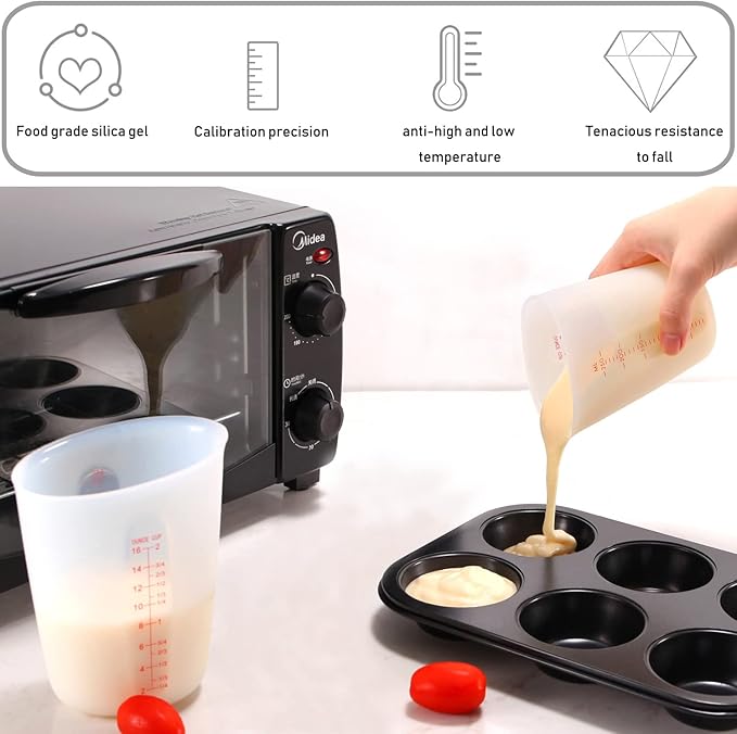 3 PCS Silicone Flexible Measuring Cups,Melting Cups for Epoxy Resin,Butter,Chocolate and More,2 Cup&1 Cup&1/2 Cup,Squeeze and Pour Silicone Measuring Cup with Marking Ounce/ML