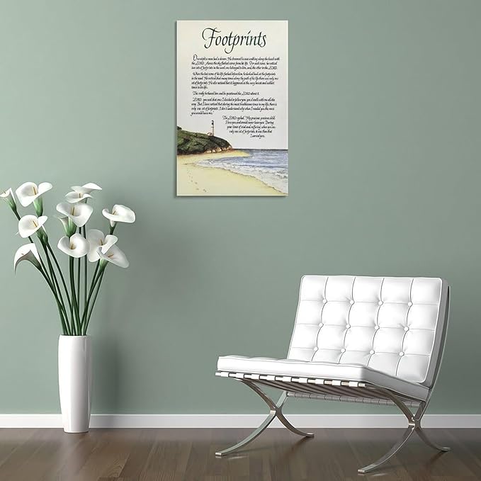 Footprints in the Sand Religious Canvas Wall Art Posters, Inspirational Beach Sunset Poem Print Poster (Framed 12x18inch, Footprints(5))