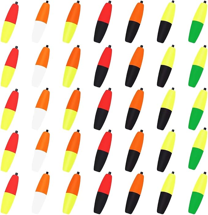 Bicolor Peg Floats, 1.5'' 2'' 2.5'' 3'' Cigar Fishing Cork Bobber Foam Floats with Pipe Plug for Catfish Santee Rigs 35 Pack