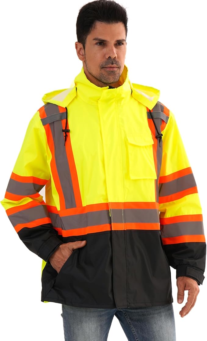Reflective Rain jackets for men waterproof,Hi Vis Safety Coat With Reflective Strips,High Visibility Class 3 Rain jackets With 2 large pockets,Zipper,Lime,SM/MD