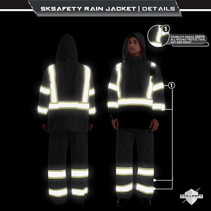 SKSAFETY Hi Vis Reflective Rain suits for Men Waterproof - High Vis Safety Rain Jacket, High Visibility Raincoat for Men