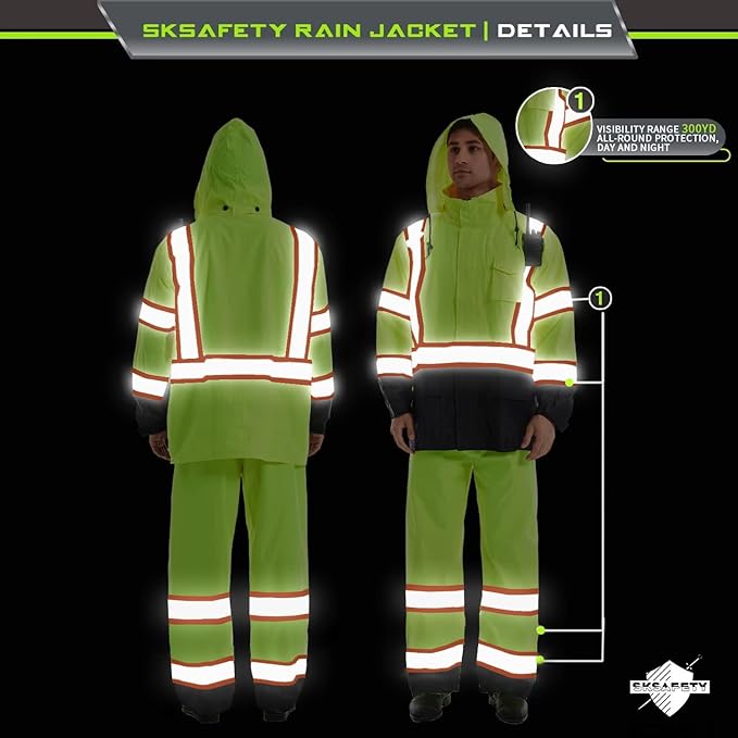 SKSAFETY Hi Vis Reflective Rain suits for Men Waterproof - High Vis Safety Rain Jacket, High Visibility Raincoat for Men