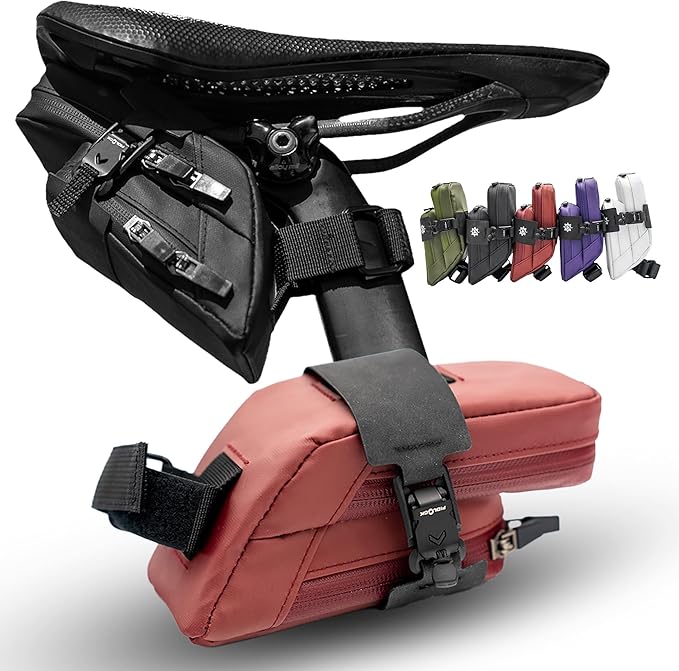 Lumiere & Co. Fidlock Magnetic Clip Attachment Bike Saddle Bag – 7″ × 3″ × 3″ | Double Compartment, Adjustable | Magnetic Black V Buckle Attachment System | Mach X (Red, Medium)