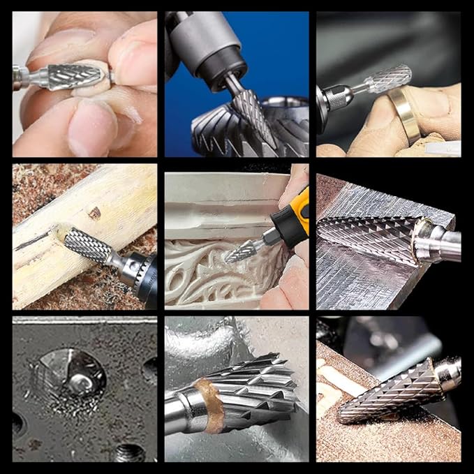 Carbide Burr Set 1/4" Shank 10PC Tungsten Double Cut Carbide Rotary Burr Set for Metal and Wood Carving, Grinding, Polishing, Engraving, Drilling in Wooden Case.