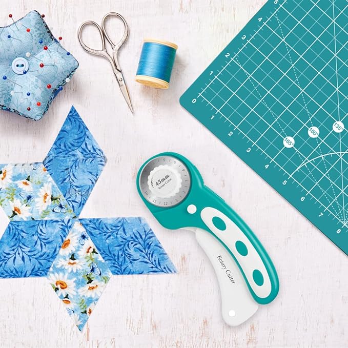 Headley Tools Rotary Cutter Set - 45mm Fabric Cutter, 5 Extra Rotary Blades, A3 Cutting Mat, Quilting Ruler and Sewing Clips, Craft Knife Set, Ideal for Crafting, Sewing, Patchworking,Turquoise