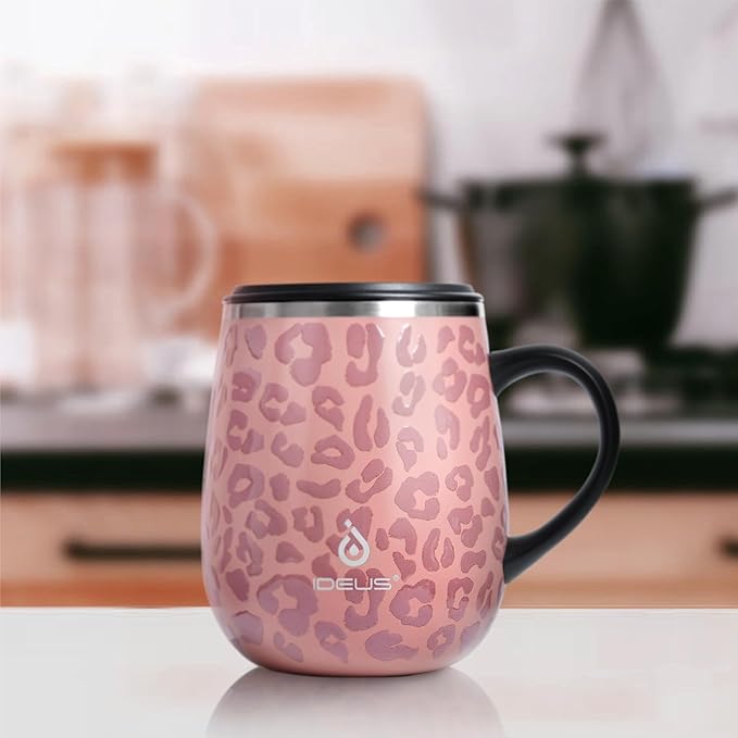 Ideus 16 oz (470 ml) Insulated Coffee Mug with Handle and Lid, Double Wall Stainless Steel Vacuum Thermal Coffee Mug, Travel Coffee Cup Thermal Cup for Home and Office, Leopard Pink