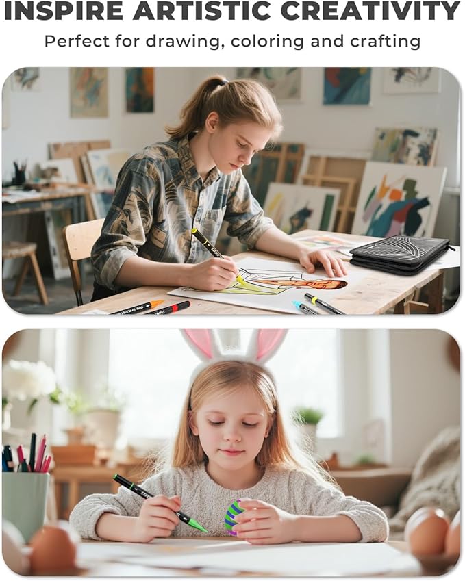 JusArt 48Colors Acrylic Paint Markers Set with Canvas Bag, Dual Tips with Brush Tip & Fine Tip, No-Bleed, Waterproof, Non-Toxic & Odorless Paint Pens for Rock, Egg, Wood, Canvas, Glass, Ceramic, DIY