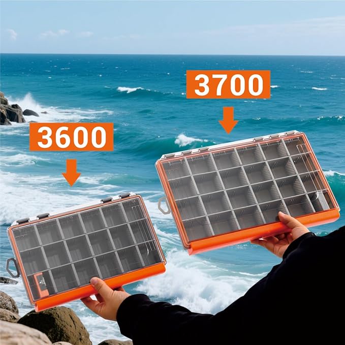 HyperSeal Waterproof Fishing Tackle Box with 3600 and 3700 Trays and Removable Dividers for Lure and Terminal Tackle Storage (Orange, 3600(10.75x7.13x1.8 in)