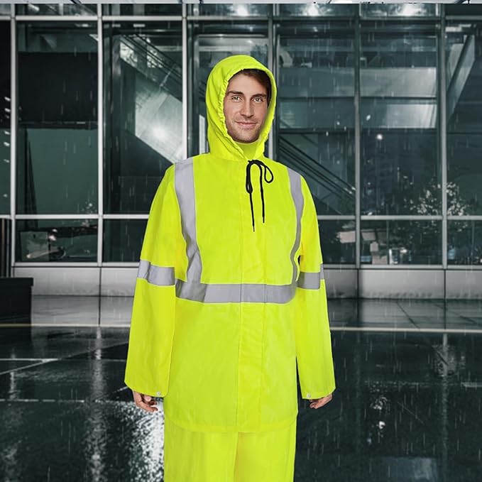 High Visibility Rain Suit and Pants, High Vis Rain Suit for Men, Waterproof Rain Jacket with Hood, Class 3 Lightweight Hi Vis Rain Gear for Outdoor& Safety Work, Men Women, Yellow B, 4XL-5XL