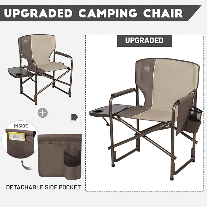 TIMBER RIDGE Aluminum Oversized Camping Chair, Lightweight Portable Directors Chair with Side Table Detachable Side Pocket for Outdoor Camping, Lawn, Picnic, Support 400lbs Tan 2 Pack