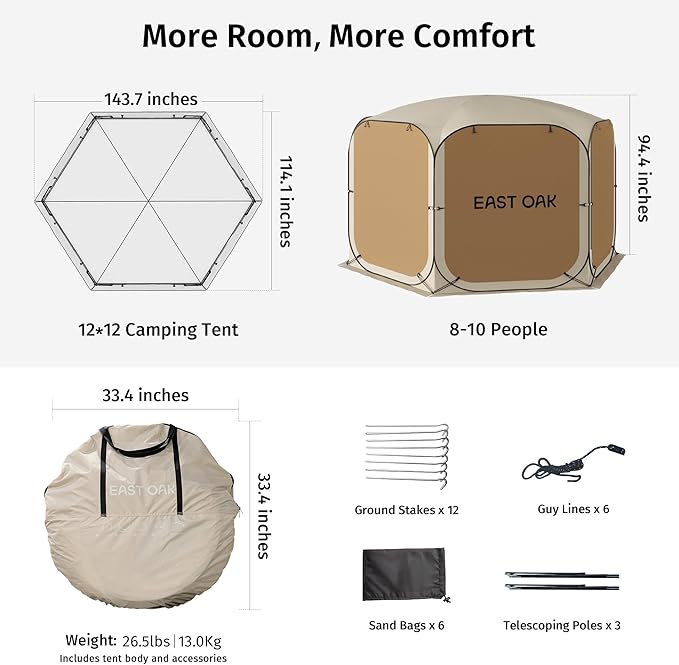 EAST OAK 12ร12 FT Pop Up Canopy Tent with Mesh | Outdoor Screen House with 6 Sunshades | Instant Canopy with Portable Carry Bag | Gazebo Tent for Camping, Patio, and Beach | Beige
