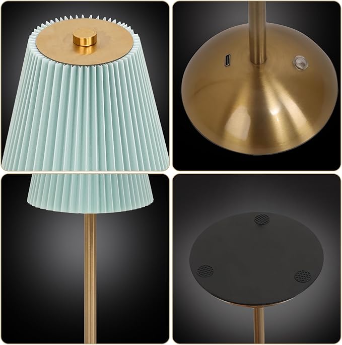 Cordless LED Table Lamp with Dimmer, Built-in Rechargeable Battery, 3-Level Brightness, Patio Table Lamp, Bedside Night Lamp, Ambient Light for Restaurant, Antique Brass (Baby Blue)
