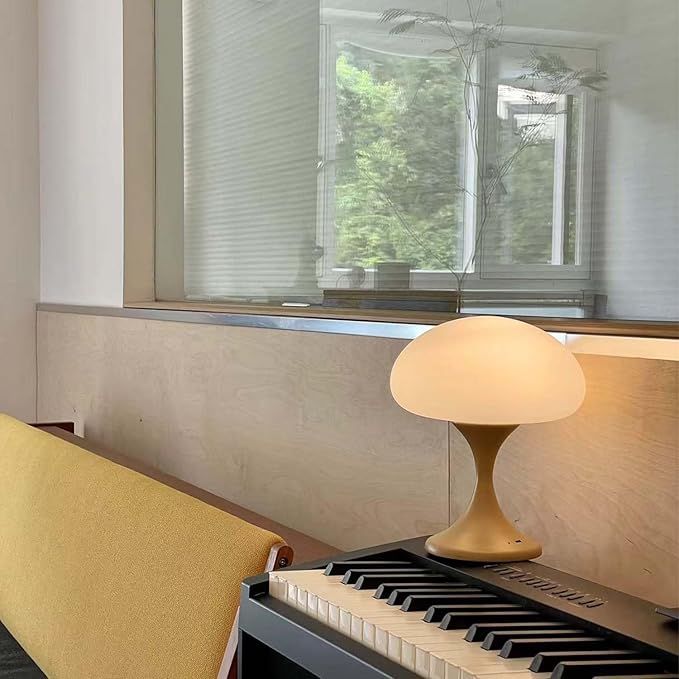 Mushroom Lamp, 5W LED Cordless Rechargeable Table Lamp with Glass Shade, Small Retro Dimmable Touch Light with 3 Color Temps, Aesthetic Mid Century Bedside Light for Bedroom Ambient, Mustard