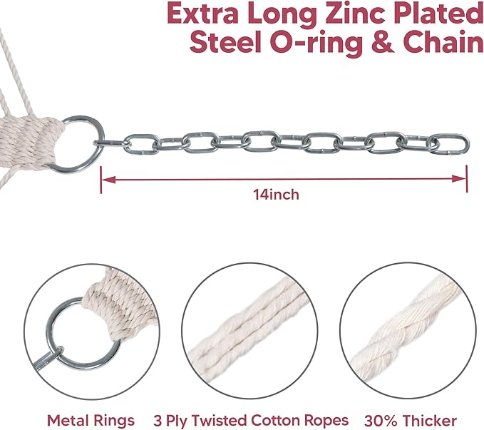 SUNCREAT Double Hammock Quilted Fabric Swing with Spreader Bar, Detachable Pillow, 55” x79” Large Hammock, Red Stripes