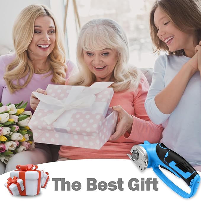 Cordless Electric Scissors, 4V Box Cutter & Cardboard Cutter with 2 Titanium Blades - Rotary Cutter with LED Light for Fabric, Leather, Carpet, Plastic, Crafting + Storage Case (Blue)