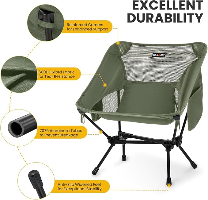 Overmont Ultralight Portable Camping Chair- Lightweight Folding Backpacking Chair, Support up to 330Lbs Compact Beach Chair for Adults with Carry Bag for Backpack Hiking Fishing Outdoor Camp Travel