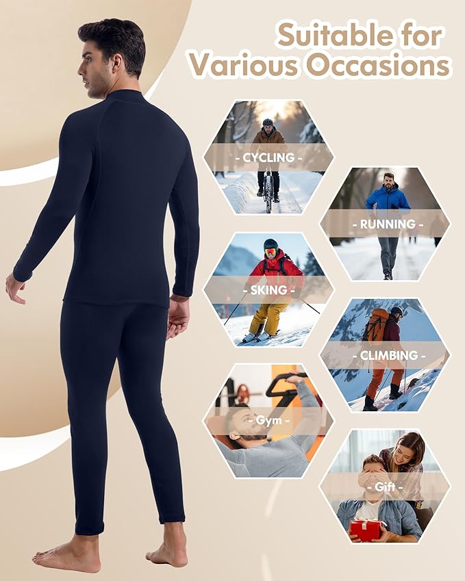 CL convallaria Thermal Underwear for Men Long Johns Fleece Lined Hunting Gear Set Base Layer for Cold Weather XS-4XL