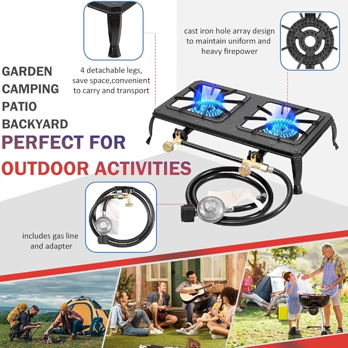 Vivicreate Cast Iron Propane Gas Stove Double Burner Heavy Duty Portable Removable Outdoor Cooker 200LB Support High Heat for Camping BBQ Fogon de Gas Estufa de Gas Portatil Parrillas de Gas