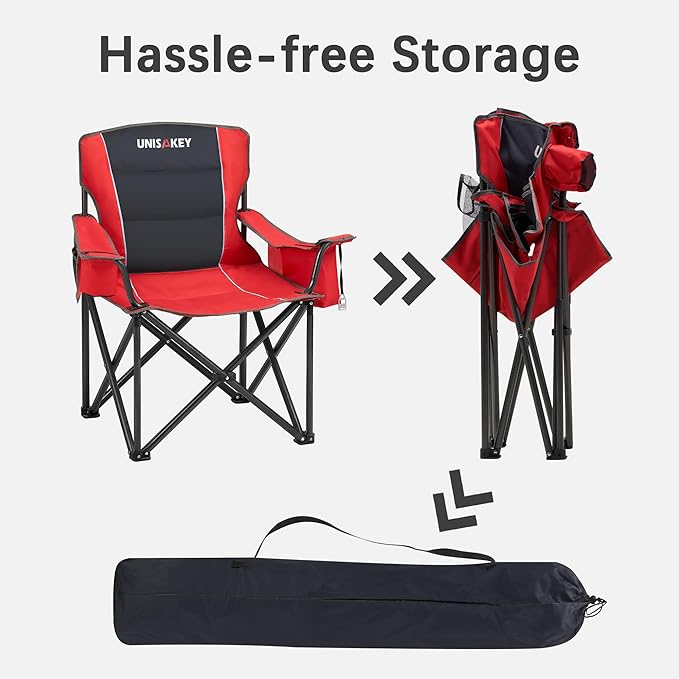 Oversized Folding Camping Chair for Adults - 450lbs Support - Heavy Duty Portable Lawn Chairs with Side Pocket Cup Holder Cooler Bag for Sports Garden Beach Fishing, Red 2 Pack