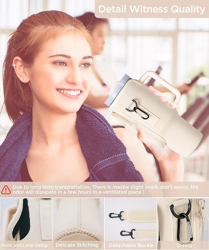 dabria Water Bottle Carrier Bag with Phone Pocket for Stanley 40 oz Tumbler Neoprene Water Bottle Holder Pouch with Adjustable Strap Bollus with Straw Cover & Letter Charm for Stanley Cup Accessories