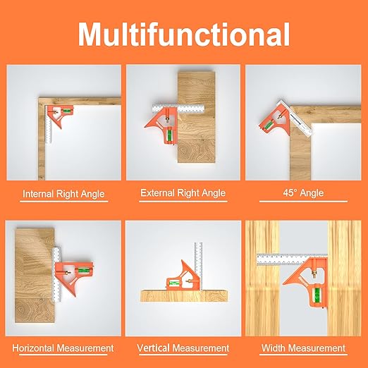 Mecurate 6“ Combination Square, 6 Inch 150mm Stainless Steel Combo Square for Accurate and Adjustable Woodworking Measurement with 2pcs Carpentery Pencils
