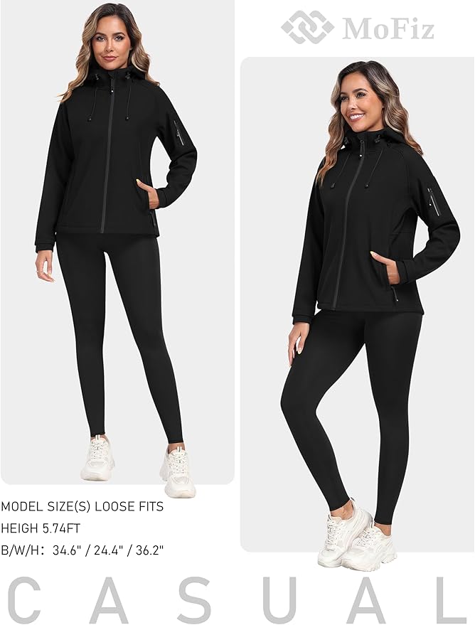 MoFiz Women's Fleece Lined Softshell Jacket Hooded Windproof Lightweight Insulated Jacket Full Zip Warm Coat