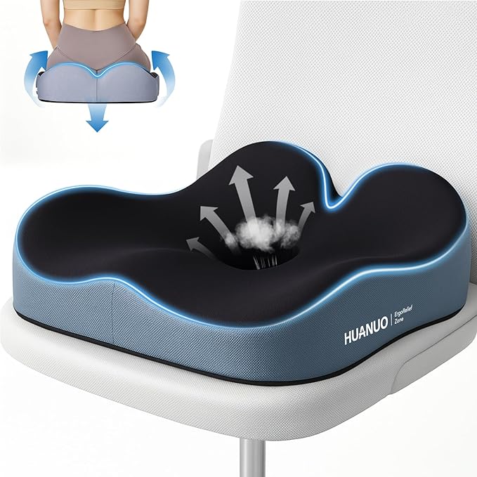 HUANUO Office Seat Cushion for Tailbone Support, High-Density Memory Foam Cushion, Breathable Coccyx Cushion, Non-Slip Bottom for Sciatica Relief, Perfect for Office, Car, and Wheelchair
