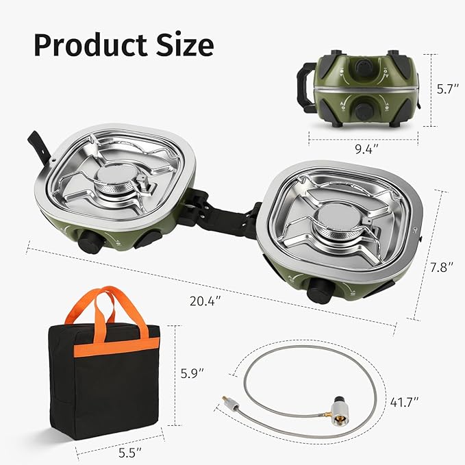 Propane Camping Stove 20,000 BTU - Portable 2 Burner Gas Stove with Adjustable Flame Control, Piezo Ignition, Carry Bag & Propane Adapter Hose, Folding Design for Camp, BBQ, Tailgating, Green