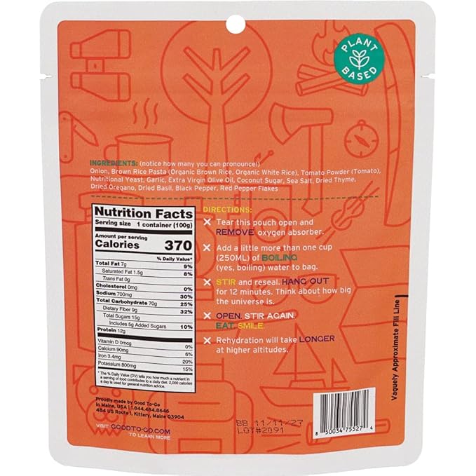GOOD TO-GO Pasta Marinara 6-Pack of Single Servings) | Camping & Backpacking Food | Just Add Water Backpacking Meals | Good To-Go Dehydrated Meals Taste Better Than Freeze Dried Food