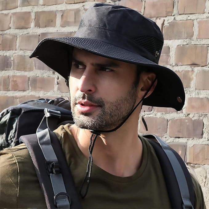 Men's Sun Hat Outdoor UPF50+ Mesh Wide Brim Bucket Safari Cap Foldable Waterproof Boonie Fishing Hats