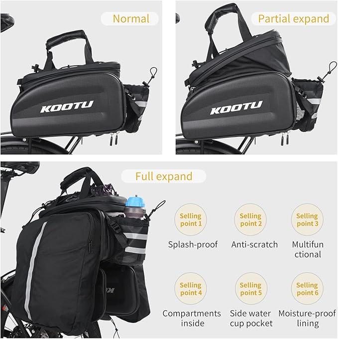 KOOTU Bike Rack Bag Trunk Waterproof Bicycle Bag with Hand Strap,Carbon Leather Extendable Bike Rear Rack Bag Bike Panniers for Cycling Commuting Camping Outdoor Traveling