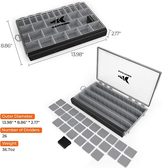 KastKing HyperSeal Waterproof Tackle Box, 3600 and 3700 Tackle Trays, Fishing Tackle Box Organizer with Removable Dividers, Lure Box and Terminal Tackle Storage,Black