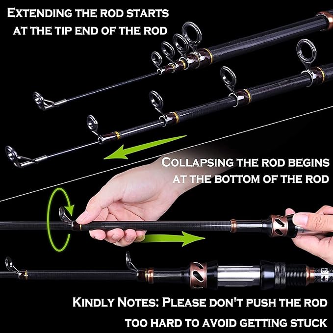 PLUSINNO Fishing Rod and Reel Combos - Carbon Fiber Telescopic Fishing Pole - Spinning Reel 12 +1 Shielded Bearings Stainless Steel BB