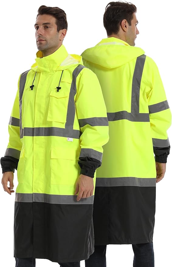 Reflective Rain jackets for men waterproof,Hi Vis Rain Coat With 3M Reflective Strips,High Visibility Class 3 Rain Gear With 2 large pockets,Zipper,Black Bottom Lime,Small