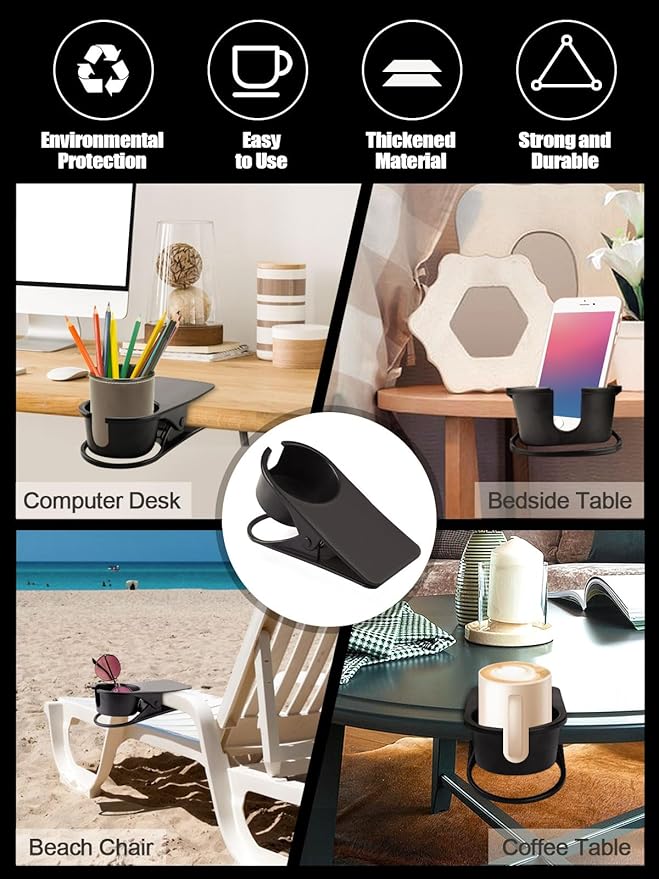 2PCS Drinking Cup Holder Clips, Kalolary Table Edge Cup Holder Clip Water Coffee Mug Holder Clip Desk Bottle Cup Stand Clip with Groove for Home & Office & Schoo (Black New)