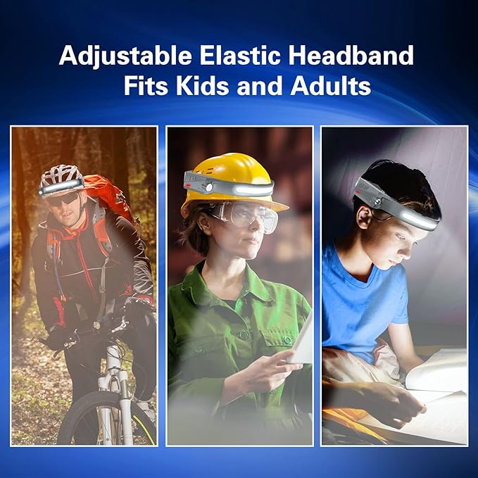 COSOOS 2 LED Headlamp Rechargeable Flashlight, Bright Head Lamp Outdoor, 1000 Lumen 230°Wide Beam, Spot Light, Sensor Mode,2.4oz Lightweight, Hard Hat, Hiking, Camping, Christmas Gift -Grey