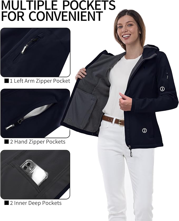 Outdoor Ventures Women's Softshell Jacket with Hood Fleece Lined Warm Lightweight Waterproof Insulated Windbreaker