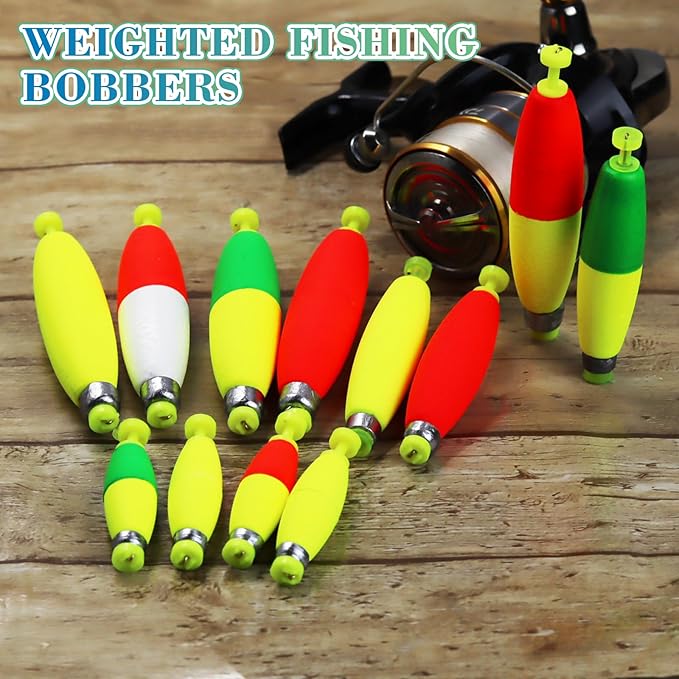 Weighted Fishing Bobbers 10-Pack - Slip Bobbers for Catfish, Panfish with Spring-Loaded Clip & Bottom Weight | 3 Sizes & 5 Multi-Color Styles (EVA Foam Floats)