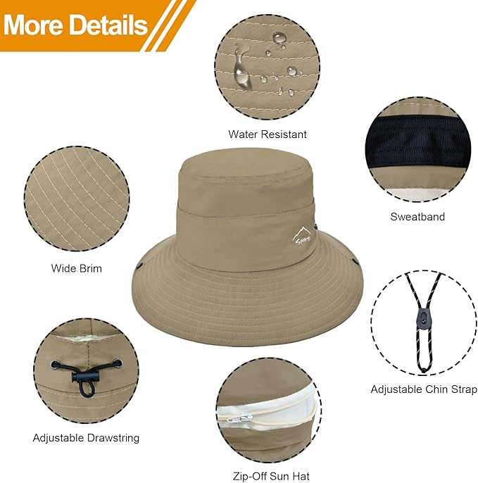 Sun Hats for Women Bucket Hat UV Protection Fishing Hat Wide Brim Safari Hats 2 in 1 Zip-Off Sun Visor Hats UPF 50+