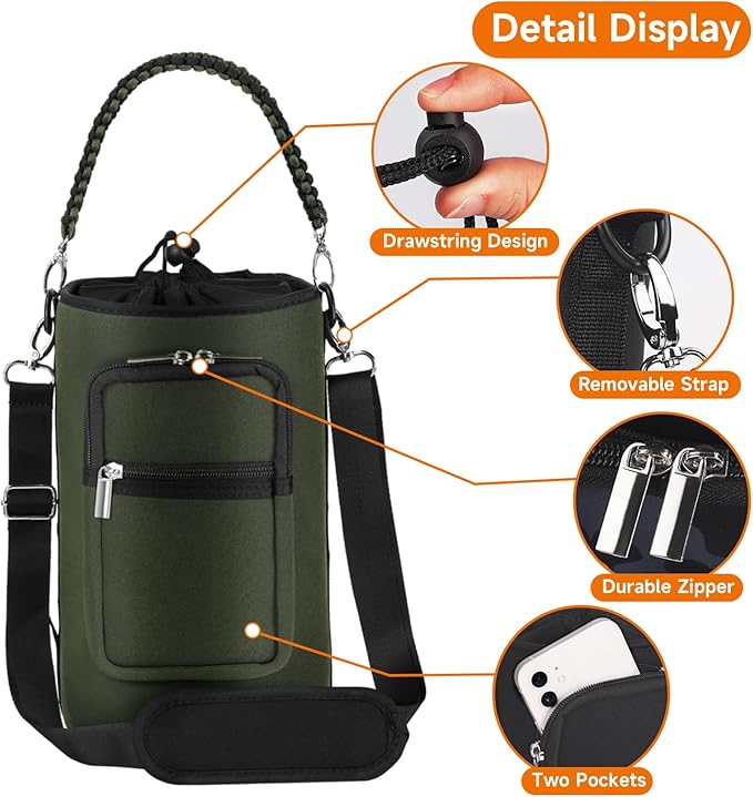 32/40/64/128 oz Neoprene Insulated Water Bottle Carrier Bag, Sling Bag Sleeve Pouch Holder with Strap & Paracord Handle and 2 Pocket for Travelling, Hiking, Camping