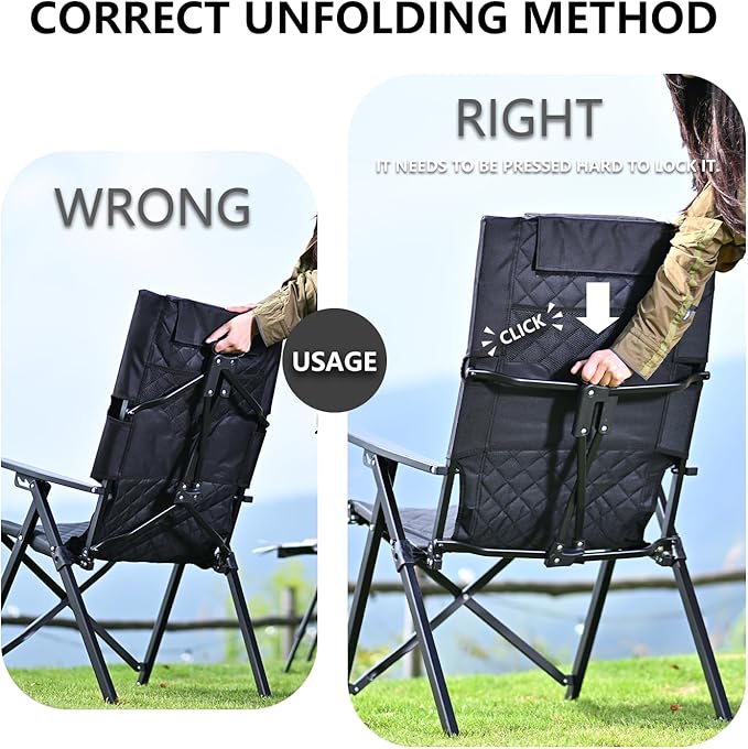 Reclining Camping Chair, Heavy Duty Folding Chairs with 4-Stage Adjustable High Back for Adults, Compact Foldable Outdoor Patio Reclining Chair with Storage Bag (Black, 1 Pack)