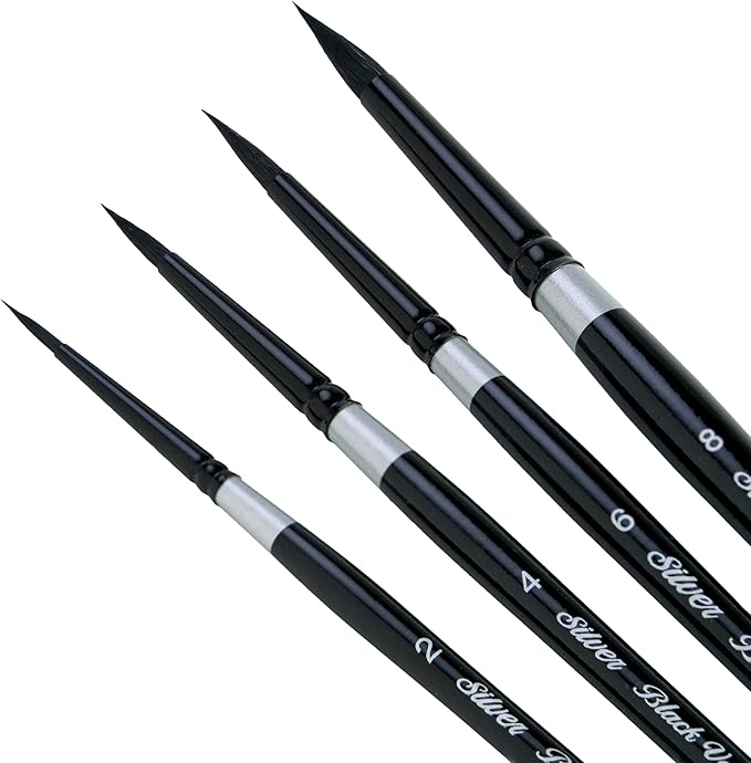 Silver Brush Limited BV-3055S Black Velvet Short Handle Medium Round Brushes, Mixed Filament With Very Soft Tips, 4pc Professional Artist Painting Bundle for Watercolors, Gouache, Dyes & Silk Painting