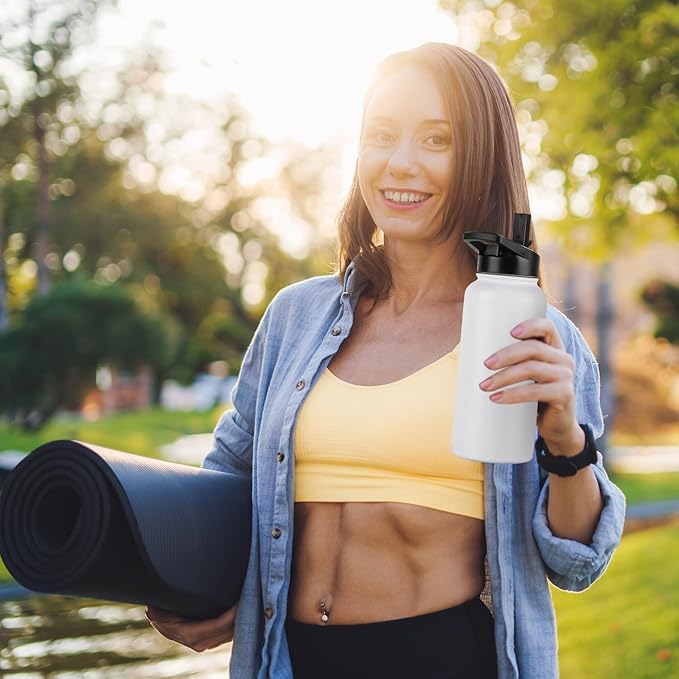 DOMICARE 32 oz Insulated Water Bottle Bulk, Vacuum Insulated Stainless Steel Sports Water Bottle with Straw Lid & Spout Lid, Leakproof, Reusable - Travel, Camping, Bike, White (8 Pack)