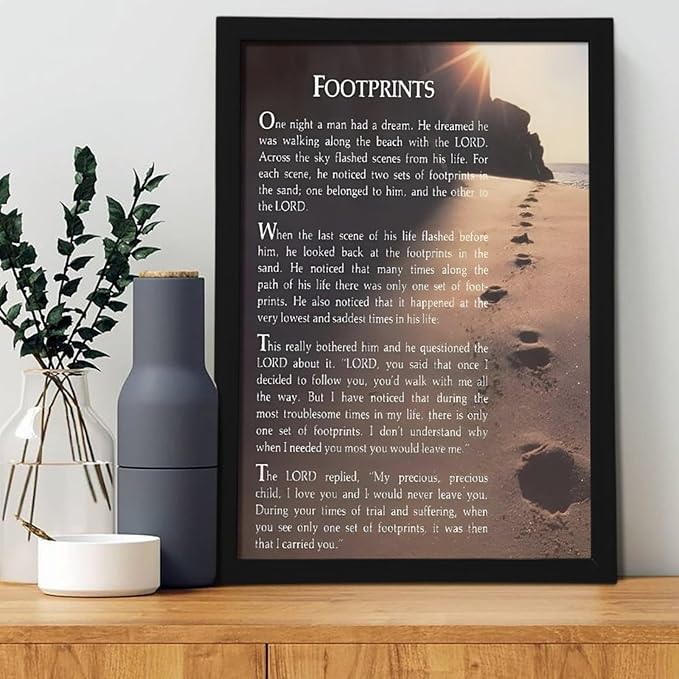 Footprints in the Sand Religious Canvas Wall Art Posters, Inspirational Beach Sunset Poem Print Poster (Black Framed 24x36inch, Footprints(7))
