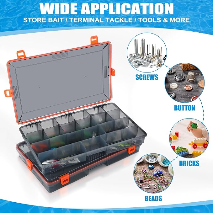 Fishing Tackle Boxes Waterproof 3700 Tackle Trays with Removable Dividers Plastic Storage Organizer Bait Vault Camouflage Box for Freshwater Saltwater (Orange)