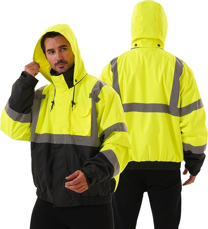3 in 1 Safety jacket,Reflective high Visibility Hooded jacket,Hi Vis Bomber Jacket shell and fleece lining,Waterproof,ANSI Class 3 Black Bottom Lime,XL