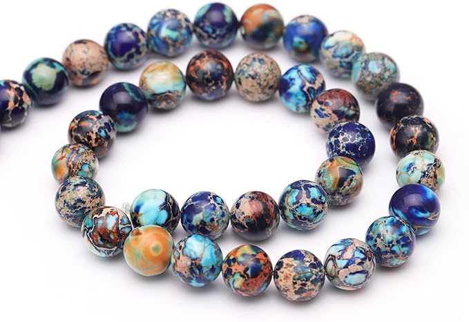 Youngbling Natural Gemstone Beads for Jewelry Making,10mm Mixed Blue Imperial Jasper Polished Round Smooth Stone Beads for Bracelet Necklace 15 Inch