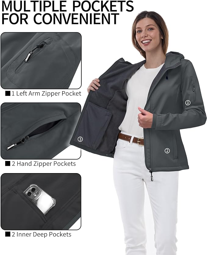 Outdoor Ventures Women's Softshell Jacket with Hood Fleece Lined Warm Lightweight Waterproof Insulated Windbreaker
