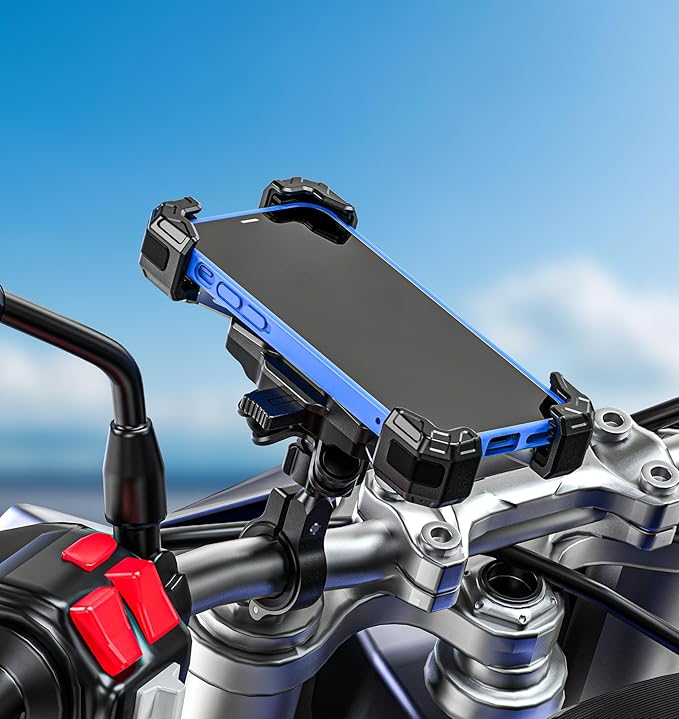 Motorcycle Phone Mount with Vibration Dampener, 1s Lock Bike Phone Holder with Aluminum Alloy Handlebar Mounting Base, One-Handed Operation Motorcycle Cellphone Mount for 5.5"-7.2" Smartphone