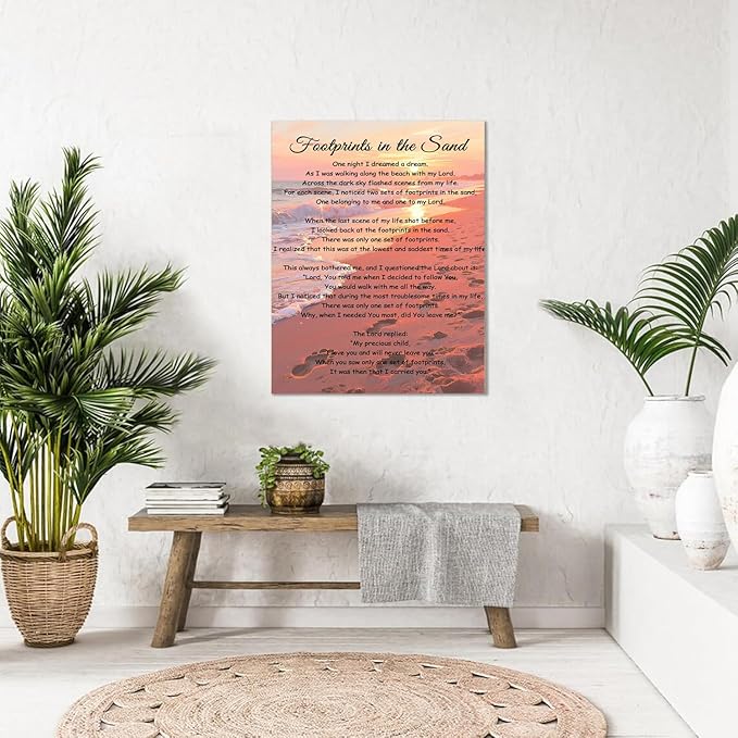 Footprints In The Sand Wall Art Religious Poem Poster Jesus Christian Print Retro Canvas Motivational Quotes Painting Pictures Home Decor Framed 12 * 18 Inch